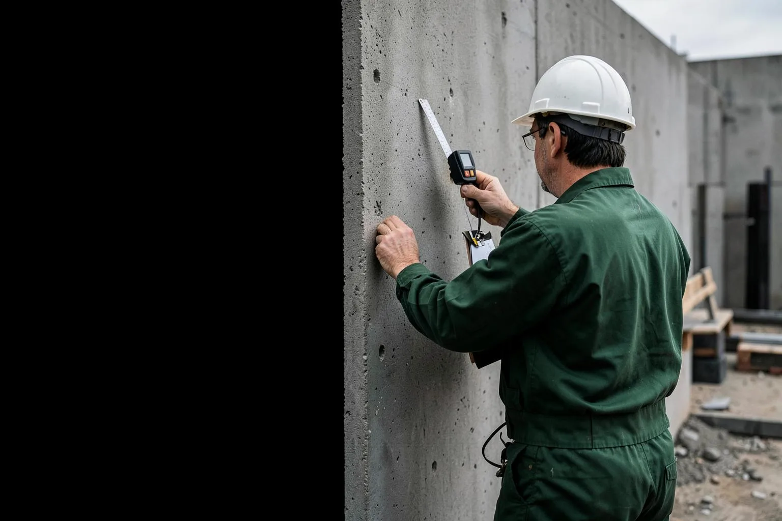 Sachverständiger prüft eine Betonwand mit professioneller Messtechnik